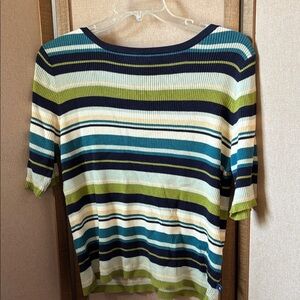 Striped Short-Sleeve Knit Tee in Teal, Navy & Olive